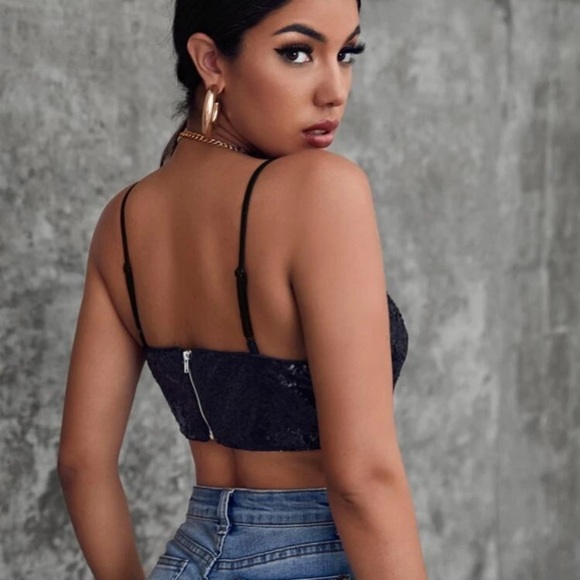 SHEIN exposed zipper back crop sequin cami top NEW - Picture 5 of 7